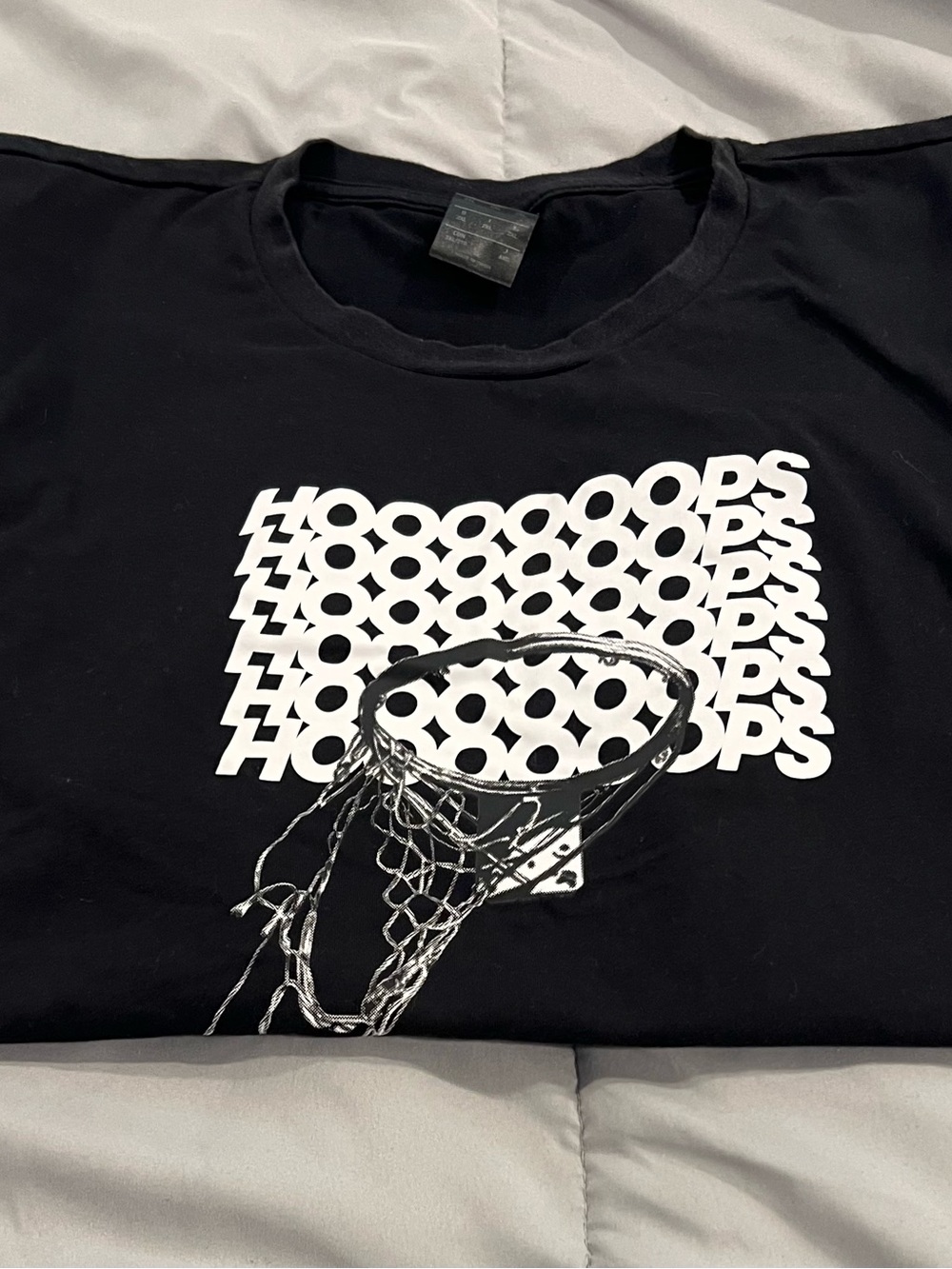 Nike 2XL Black Short Sleeve Tee with White 'HOOPS' Graphic and Silver Hoop Print